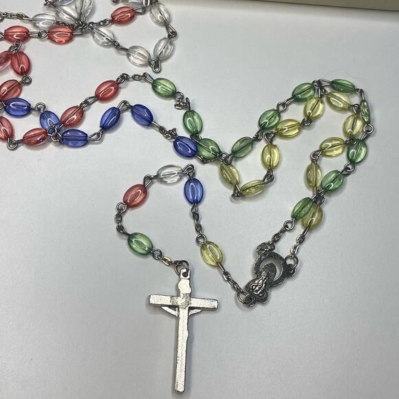 INRI ITALY Vintage Rosary Multi Color Beads Silvertone Necklace Prayer - Picture 6 of 9
